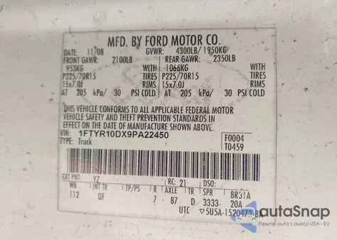 2009 Ford Ranger Sport/Xl/Xlt z USA, uszkodzony, nr VIN 1FTYR10DX9PA22450